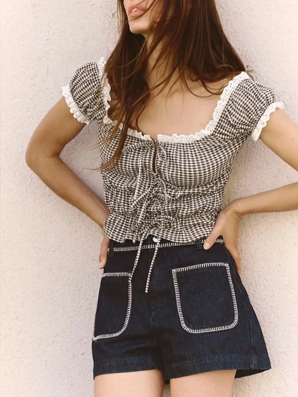 Zara Smocked Gingham Lace Trim Puff Sleeve Top Cottage core Peplum Blouse